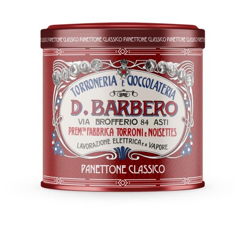 Barbero Panettone Classico - klasszikus narancsos & mazsolás panettone fém díszdobozban, 750g