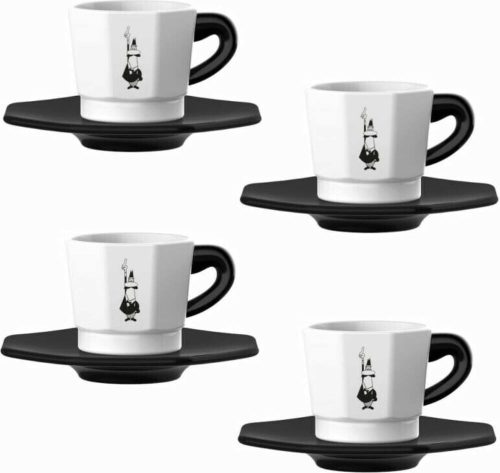 Bialetti Perfetto Moka cup with saucer set 4 pcs (75ml), hexagonal black&white