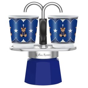   Bialetti - Mini Express kék kotyogós kávéfőző, 2 csészés - Karácsonyi Maci Kollekció