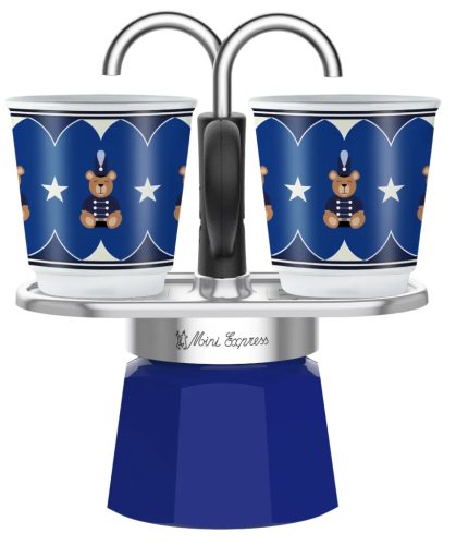 Bialetti - Mini Express kék kotyogós kávéfőző, 2 csészés - Karácsonyi Maci Kollekció