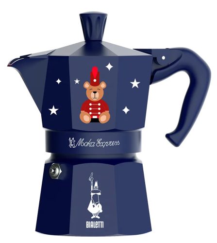 Bialetti - Moka Express kék kotyogós kávéfőző, 3 csészés - Karácsonyi Maci Kollekció