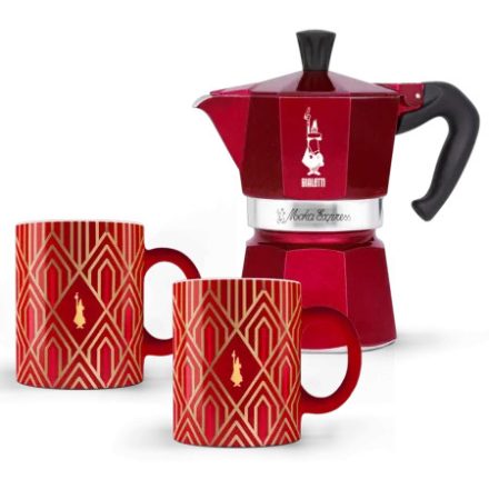 Bialetti Deco Glamour Moka Express 6 cups coffee maker + 2 mugs