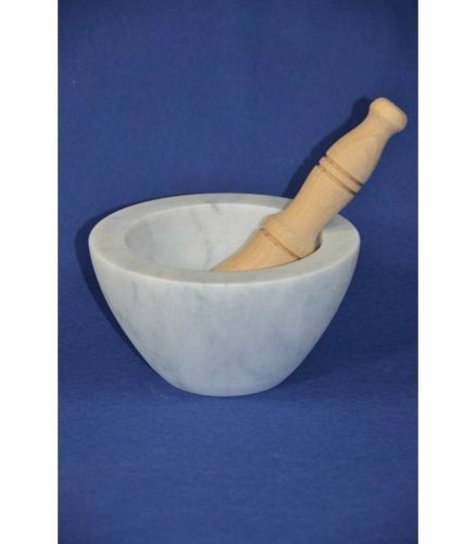 Marmotecnica White Carrara marble mortar with wood pestle, "Ciotola", 19.5 cm