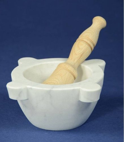 White Carrara marble mortar with beechwood pestle, "Genovese", 14 cm