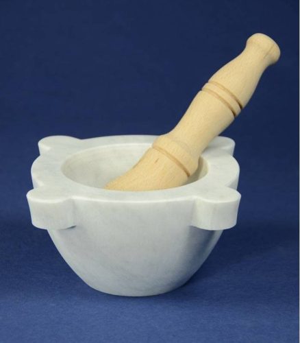 White Carrara marble mortar with beechwood pestle, "Genovese", 16 cm