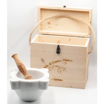 White Carrara marble mortar with oilwood pestle and wooden box, "Extra", 20 cm
